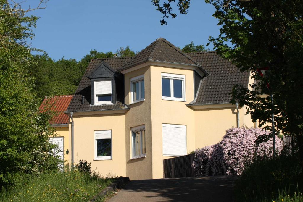 een groot geel huis met een zwart dak bij Villa Feyen in Trier in Trier