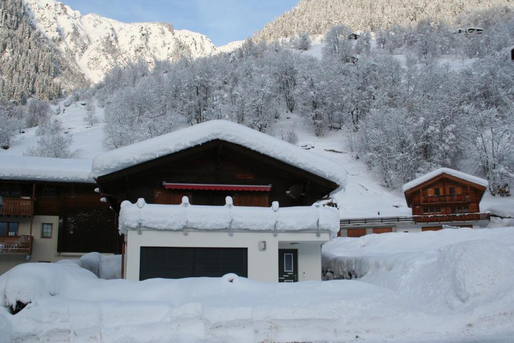 ブラッテン・バイ・ナータースにあるChämihittaの山々を背景に雪に覆われた家