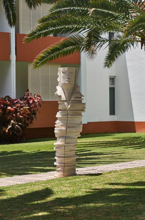 a stack of books on the grass next to a palm tree at Hotel Porto Santo & Spa in Porto Santo