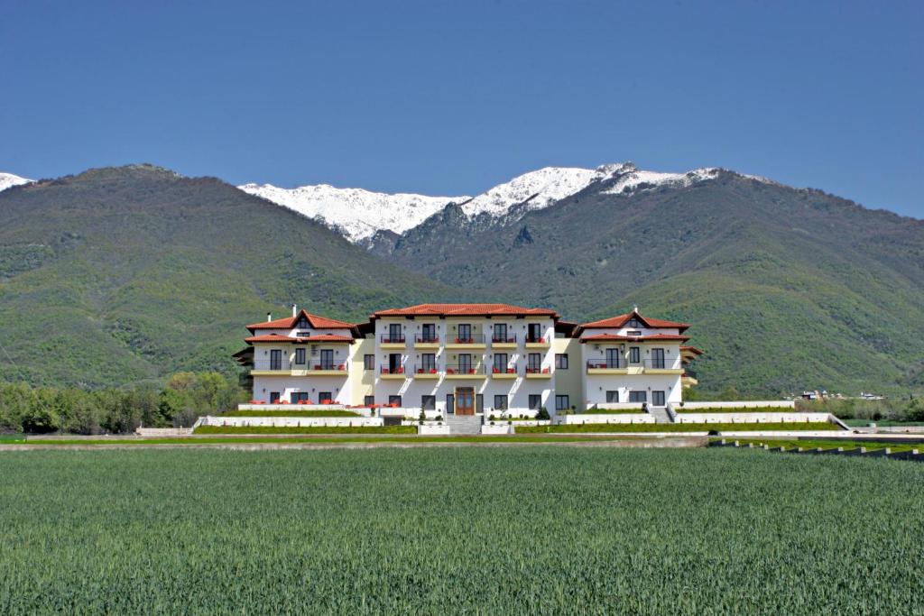a large building in front of a mountain at Villa Belles in Akritochori