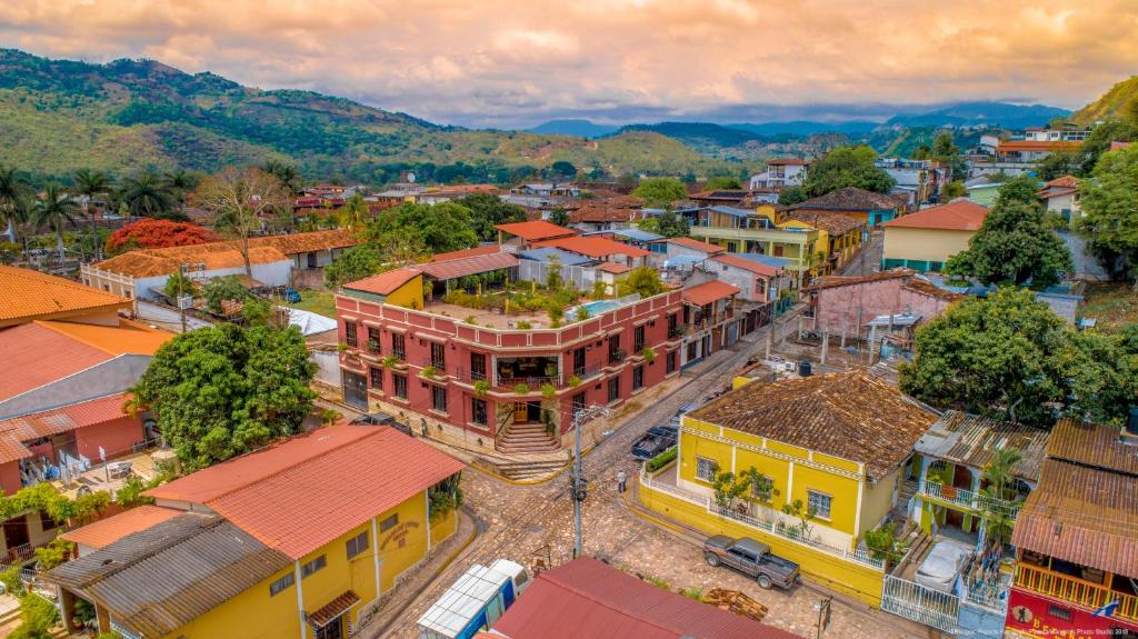 an aerial view of a small town with buildings at Hotel Acropolis Maya in Copan Ruinas
