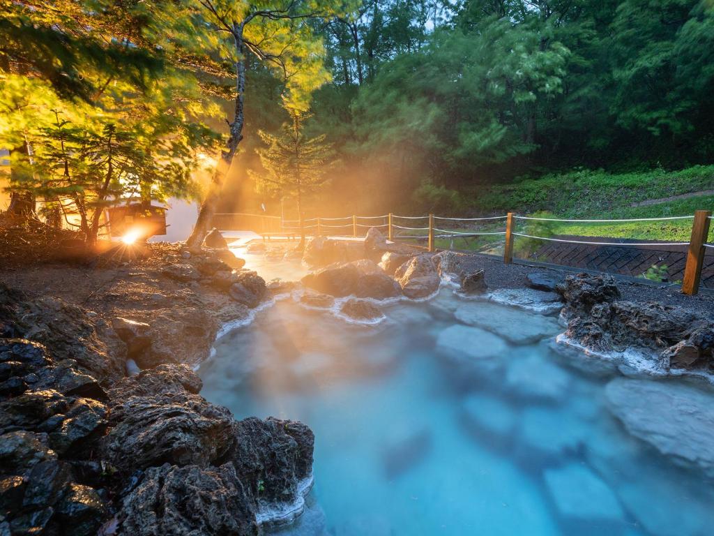 a hot spring in a forest with a fence and trees at Hotel Chi no Hate in Shari