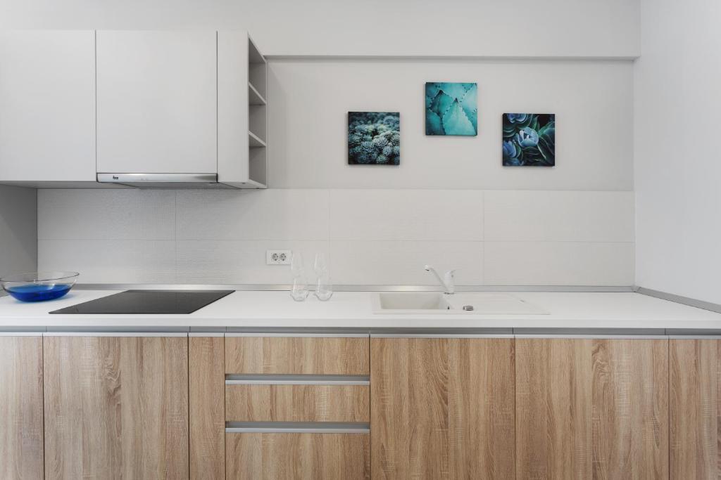 Kuchyň nebo kuchyňský kout v ubytování Athina Suites Hotel