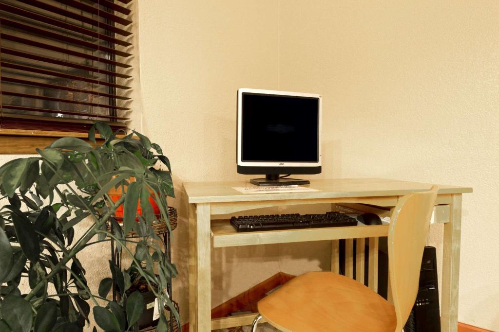 a computer monitor sitting on a desk next to a plant at Super 8 by Wyndham Las Cruces/White Sands Area in Las Cruces