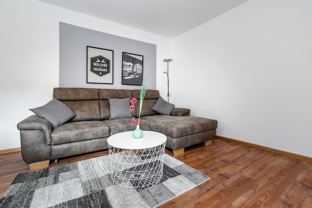 a living room with a couch and a table at Deluxe Apartments Friedrichstrasse in Freiburg im Breisgau