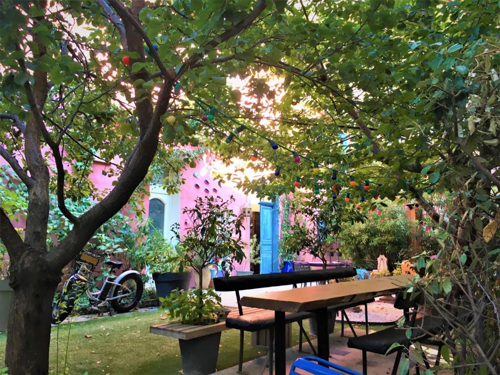 einen Picknicktisch unter einem Baum im Hof in der Unterkunft Vieux Port Panier Jardin in Marseille