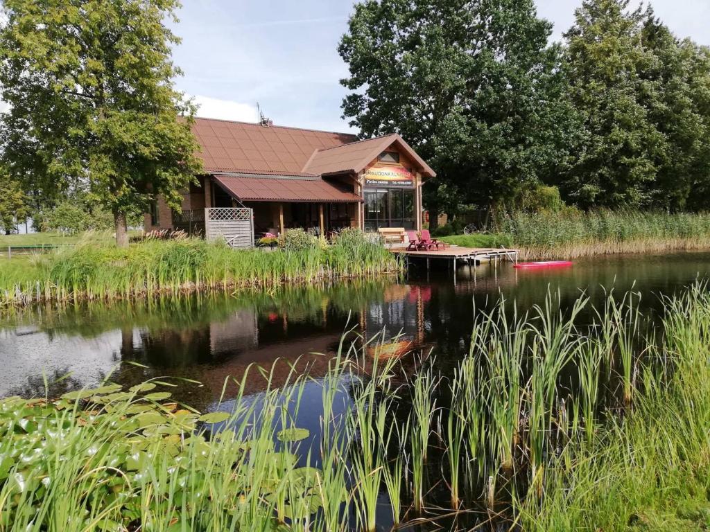 ein Haus am Ufer eines Sees vor in der Unterkunft Raudonkalnis in Mankiškiai