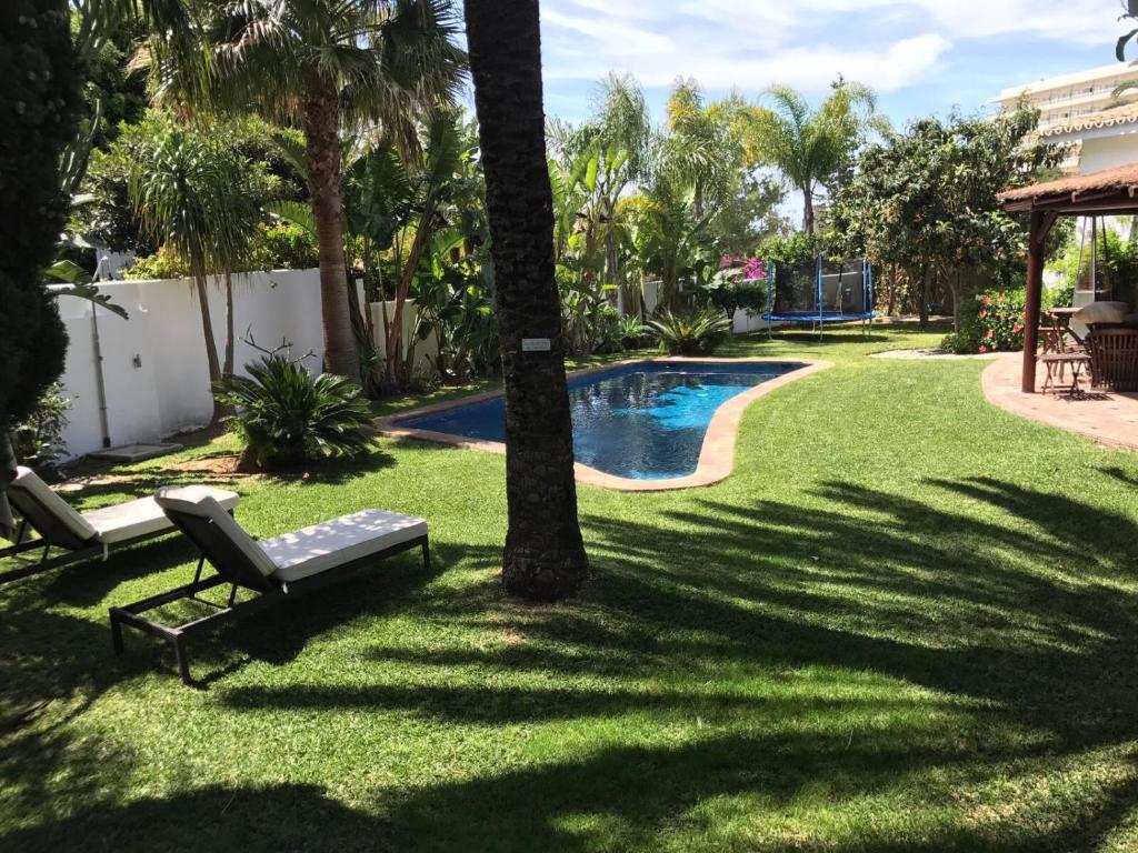 podwórze z basenem z 2 krzesłami i palmą w obiekcie Villa with Heated Pool and Jacuzzi close to Puerto Banus and Beach w mieście Estepona