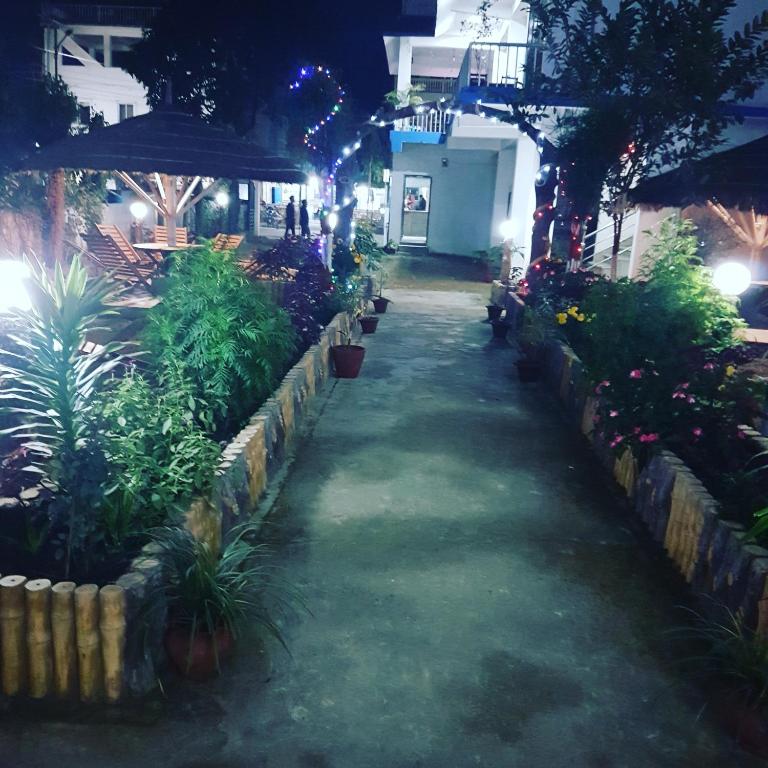 a walkway in a garden at night with plants at Hotel Shiva's Dream in Sauraha
