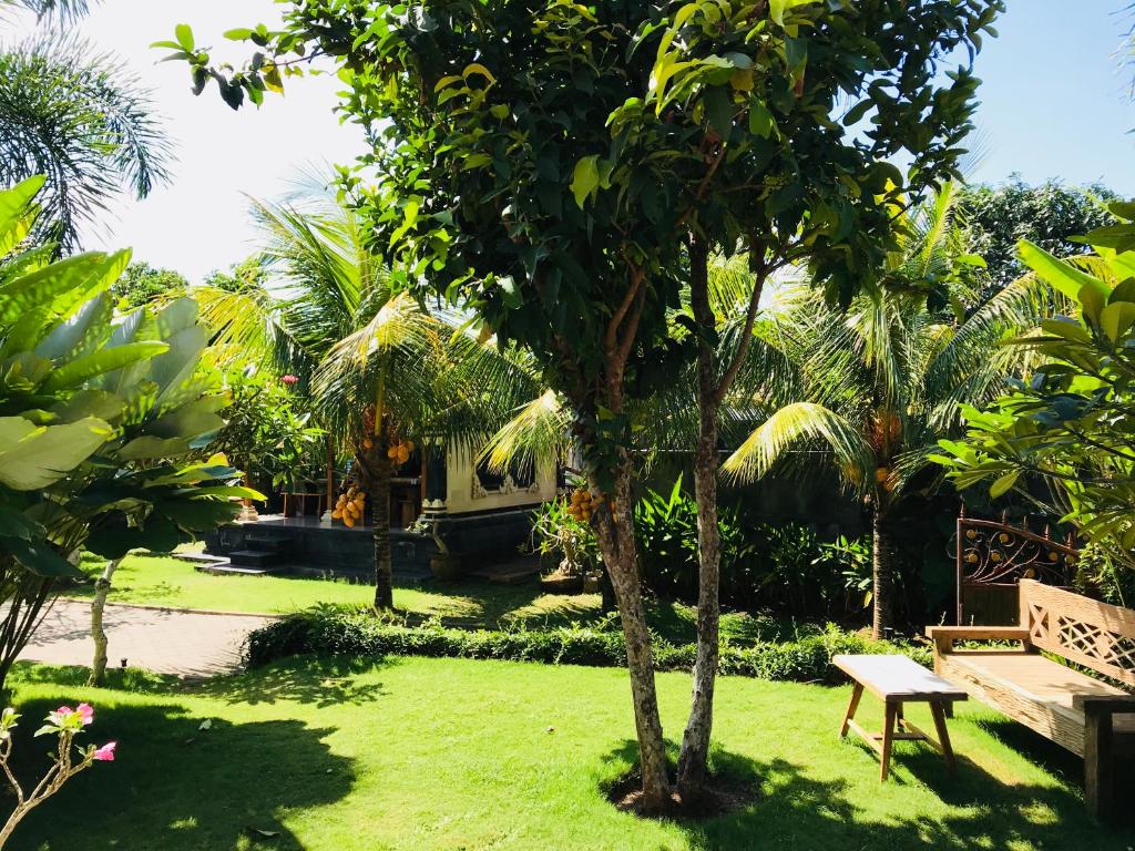 
a green park bench sitting in the middle of a lush green field at El Homestay Bali in Nusa Dua
