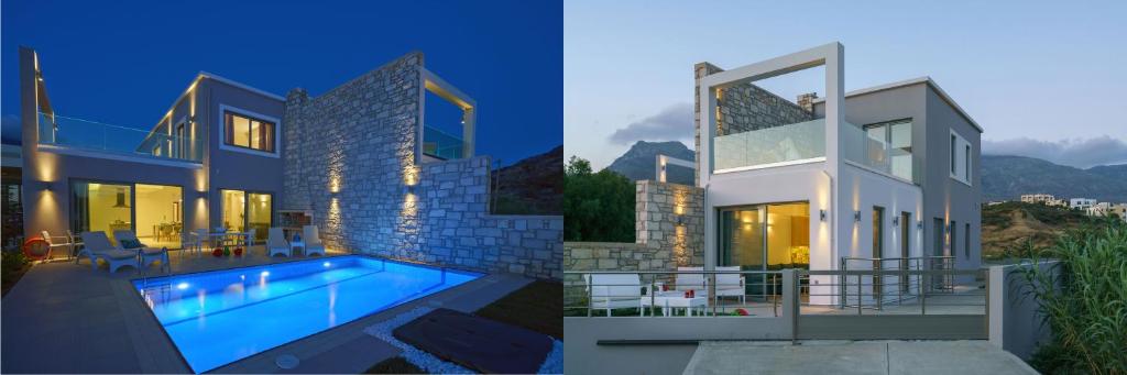 a house with a swimming pool in front of it at Plakias Seaside Residences in Plakias