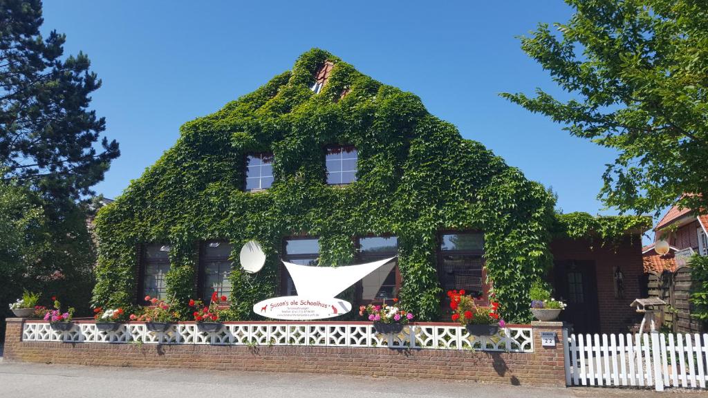 a building covered in ivy with a white fence at Susan's ole Schoolhus in Fehmarn