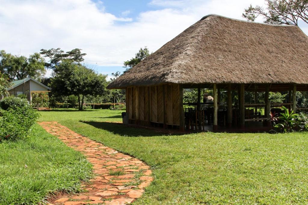 a hut with a thatched roof and a path at Bushbaby Lodge in Mukono