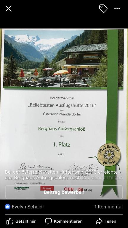 Certifikát, hodnocení, plakát nebo jiný dokument vystavený v ubytování Berghaus Außergschlöß