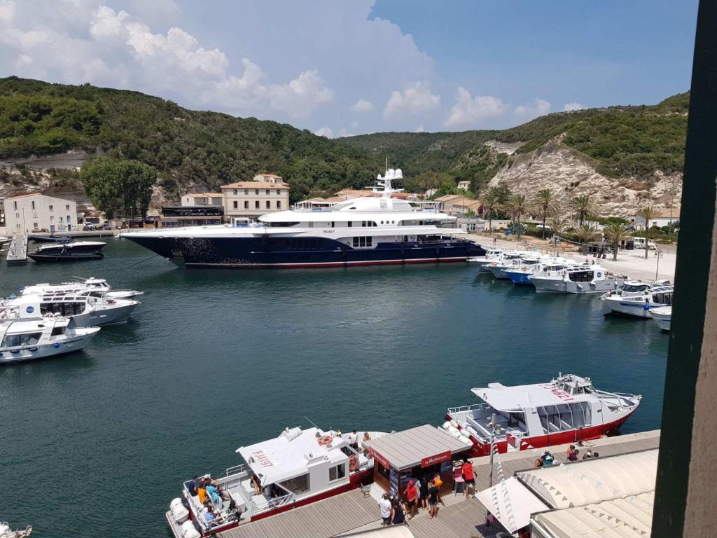 un gran barco está atracado en un puerto en Superbe T3 sur la Marina de Bonifacio en Bonifacio