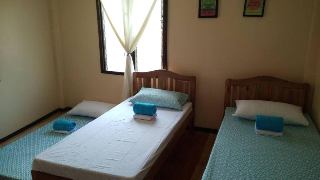 two twin beds in a room with a window at Nelmann's Nipa Huts in San Vicente