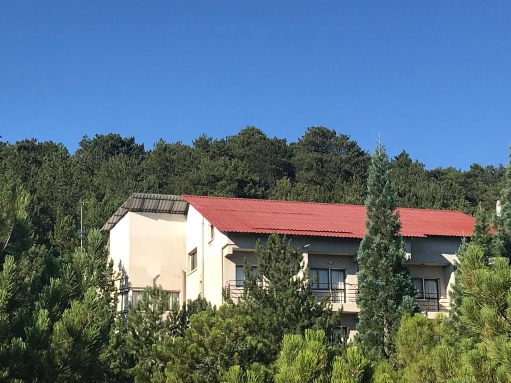 a building with a red roof in the middle of trees at Health Habitat Hotel & Slimming Resort in Pedoulas
