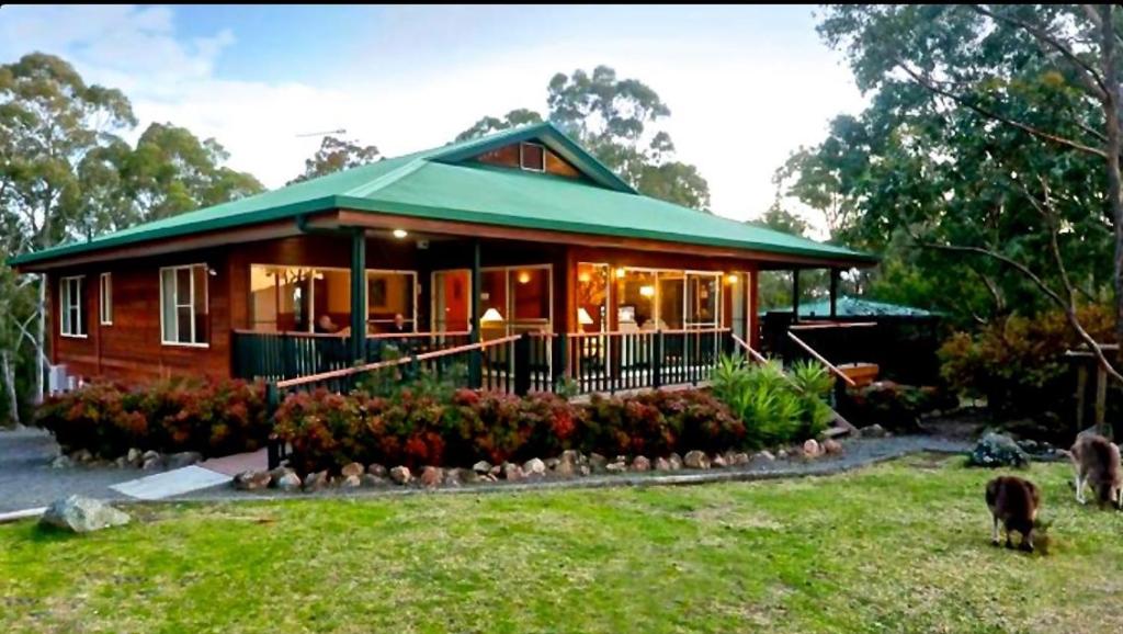 a house with a green roof and a dog in front of it at Valley View Luxury Retreat in Vacy