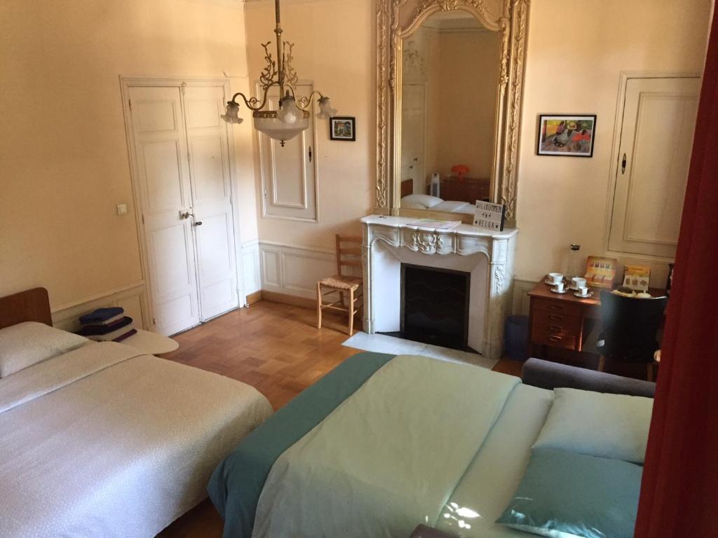 1 dormitorio con cama, chimenea y espejo en La Plaisance du Palais garage sur place sous condition en Aviñón