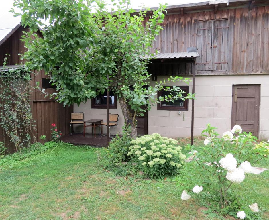 a house with a table and chairs in a yard at Peters House in Iecava