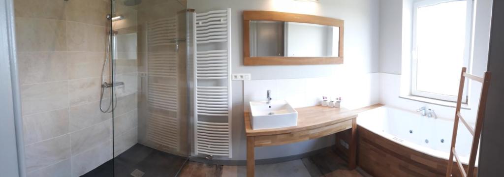 a bathroom with a sink and a shower at Vic Va la Vie in Éprave