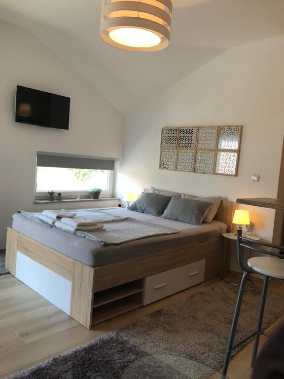 a bedroom with a large bed and a television at Luma 2 in Osijek
