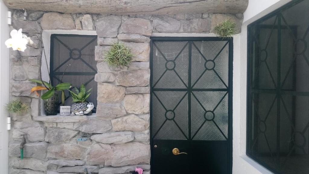 a black door in a stone wall with plants at A Casa da Avó... in São Vicente