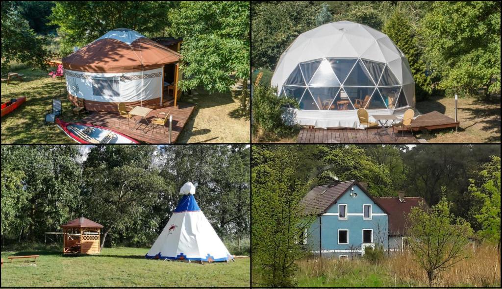cztery różne zdjęcia geodezyjnej kopuły i domu w obiekcie Glamping Podgrodzie w Nowym Warpnie