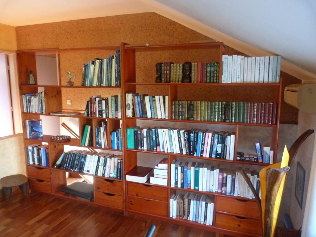 Zimmer mit Bücherregalen aus Holz, gefüllt mit Büchern in der Unterkunft Villa Flamboyant in Le Portail