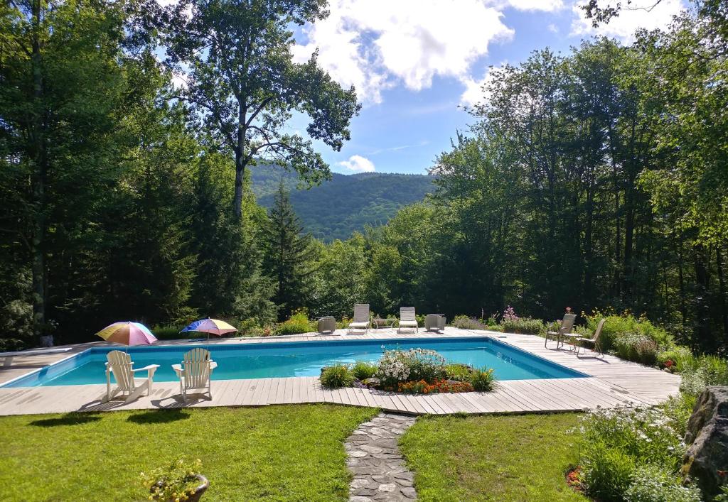 a swimming pool in a yard with chairs and trees at Cricket Hill in Killington