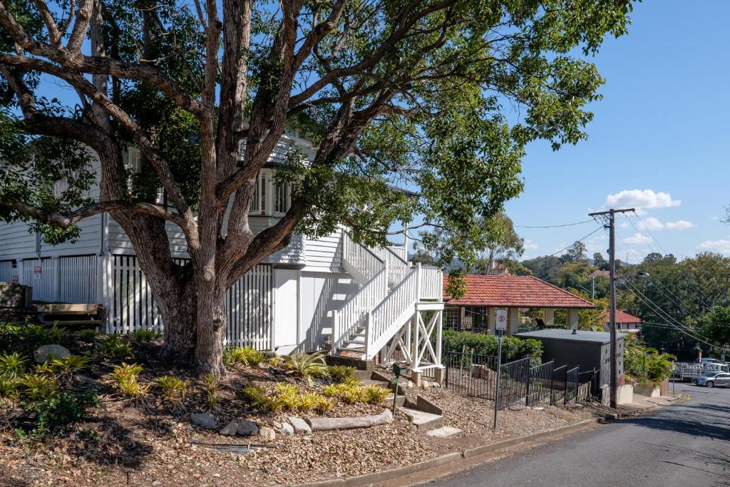 a house with a tree on the side of the street at Central Cottage in Brisbane