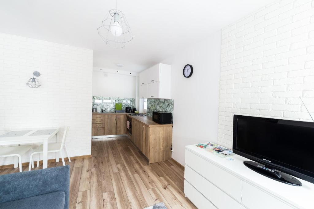 a living room with a tv and a kitchen at Apartament Smętka in Olsztyn