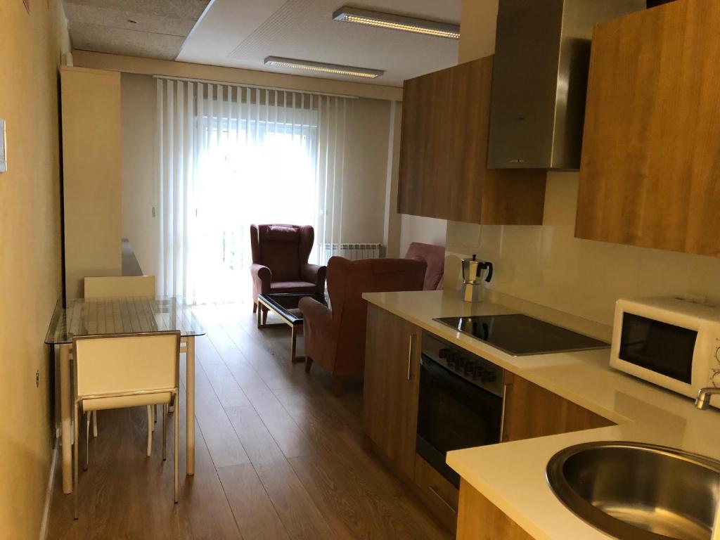 eine Küche und ein Wohnzimmer mit einer Spüle und einer Mikrowelle in der Unterkunft Apartamentos Villava Pamplona in Villava