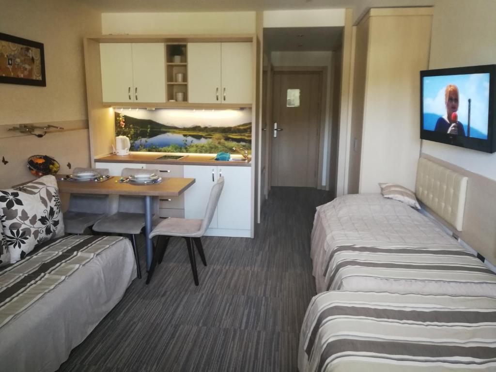 a hotel room with a desk and a bed and a table at Apartments MARAS - Angella Konaci in Kopaonik