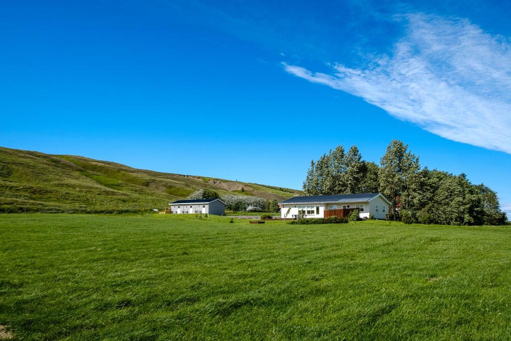 a house on a grassy field in front of a hill at Vallakot Farm Guesthouse in Laugar