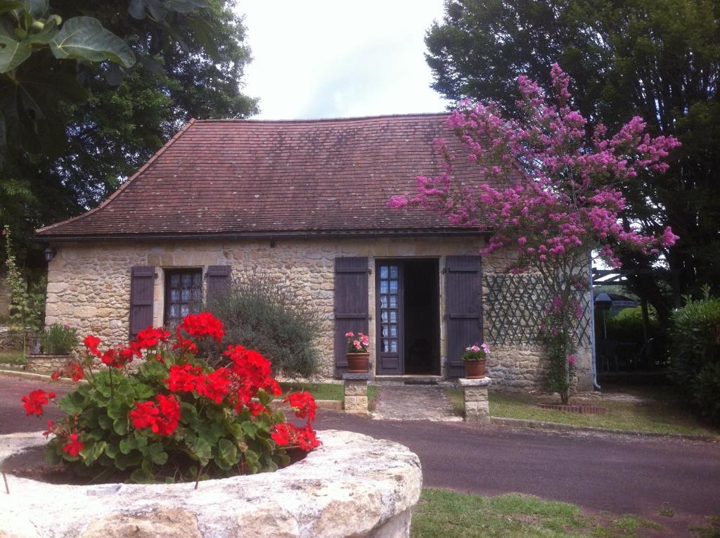 a small stone house with red flowers in front of it at Cottage Poppy in Tursac