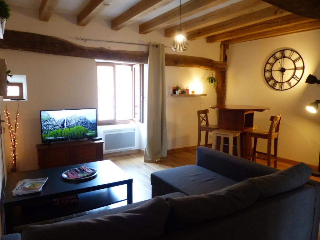 a living room with a couch and a tv at La chambre d&#39;Eloi, appart à 5mndu zoo de Beauval- 2e étage in Saint-Aignan