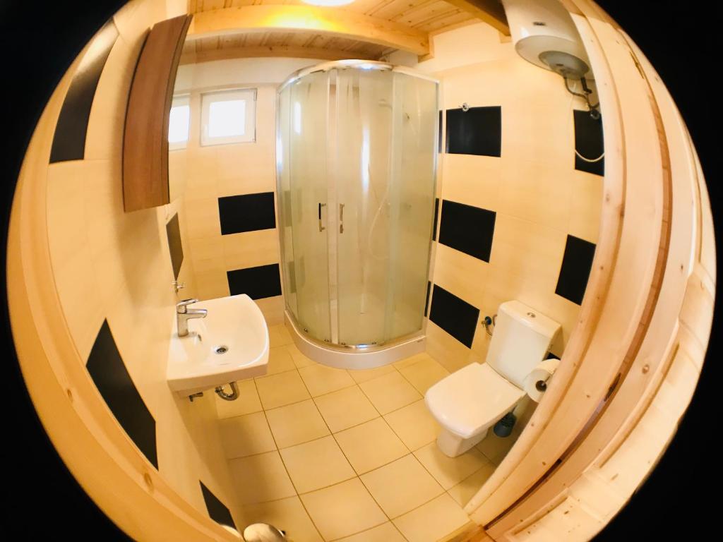 ein Bad mit einer Dusche, einem WC und einem Waschbecken in der Unterkunft Domki letniskowe Azalia in Ustronie Morskie