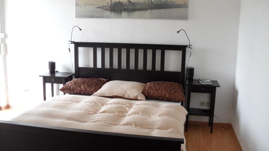 ヴュルツブルクにあるCentral City Apartment Würzburgのベッドルーム1室(大型ベッド1台、枕2つ付)
