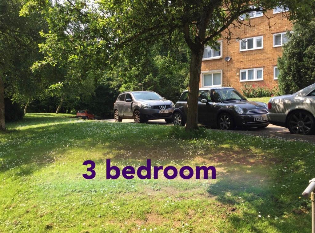 dos coches estacionados en un patio con dormitorios en The Tudors Three Bedroom Apartment, en Saint Albans