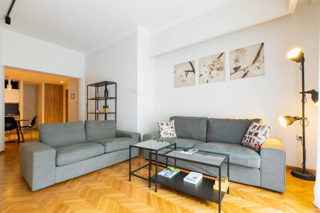 雅典的住宿－TONI'S Spacious 3BD Home for families in Centre，客厅配有两张沙发和一张桌子
