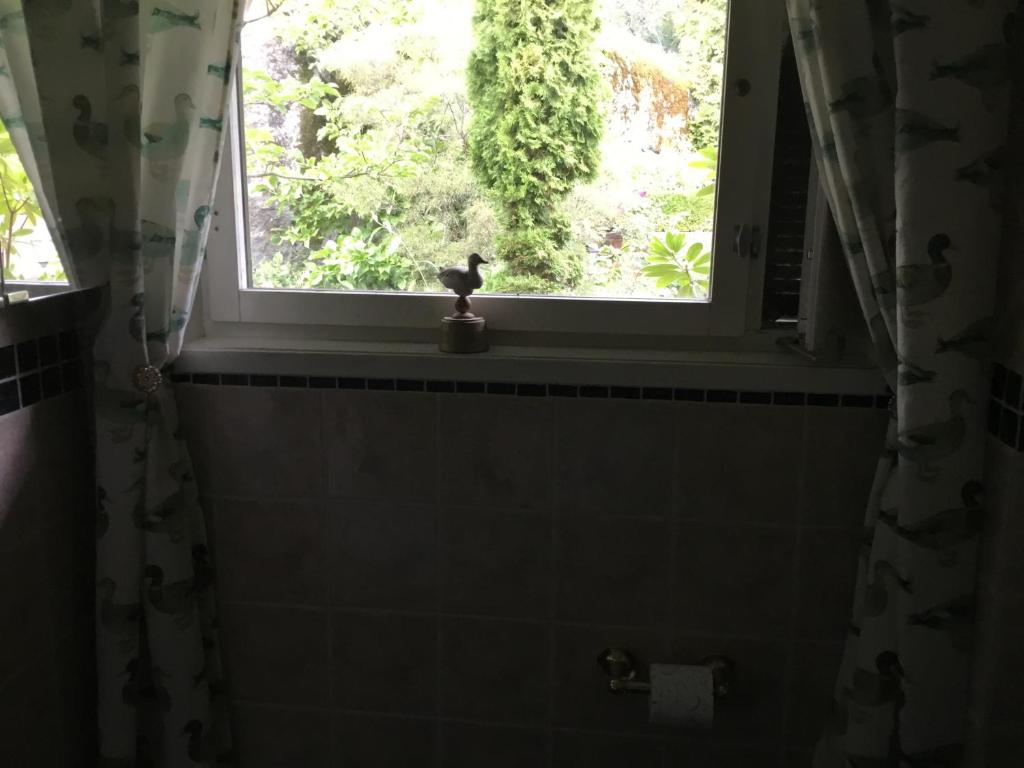een raam in een badkamer met een kattenbeeld op een richel bij Fornuddens Bed and Breakfast in Tyresö