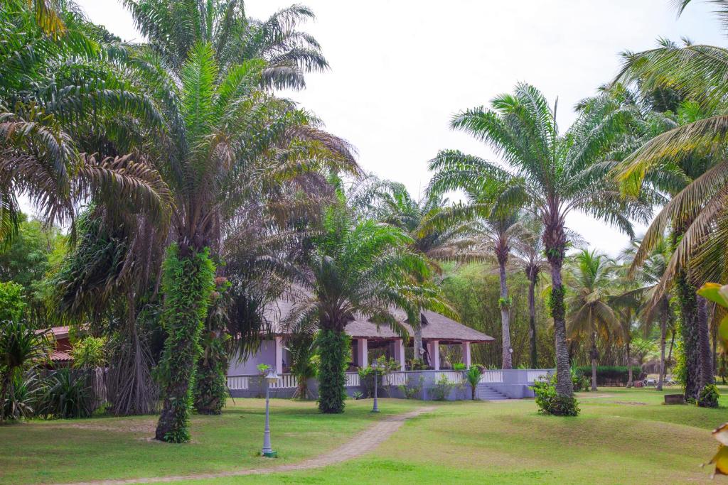 a park with palm trees and a house at African Queen Lodge in Assinie