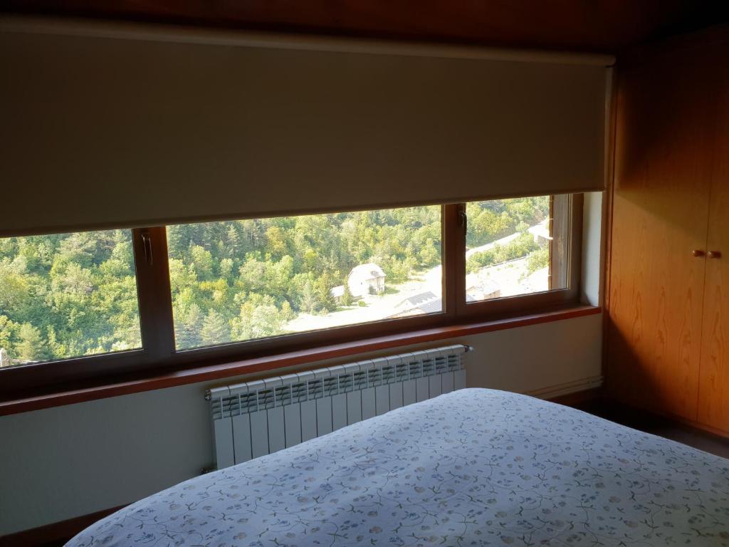 1 dormitorio con ventana y 1 cama delante en Ca La Martra, en Toses