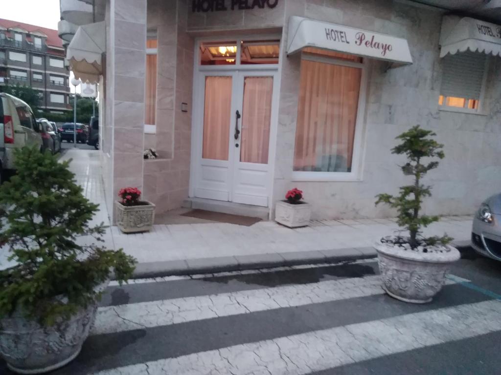 a front door of a building with two potted trees at H Pelayo Auto Check-In Rooms in Noja
