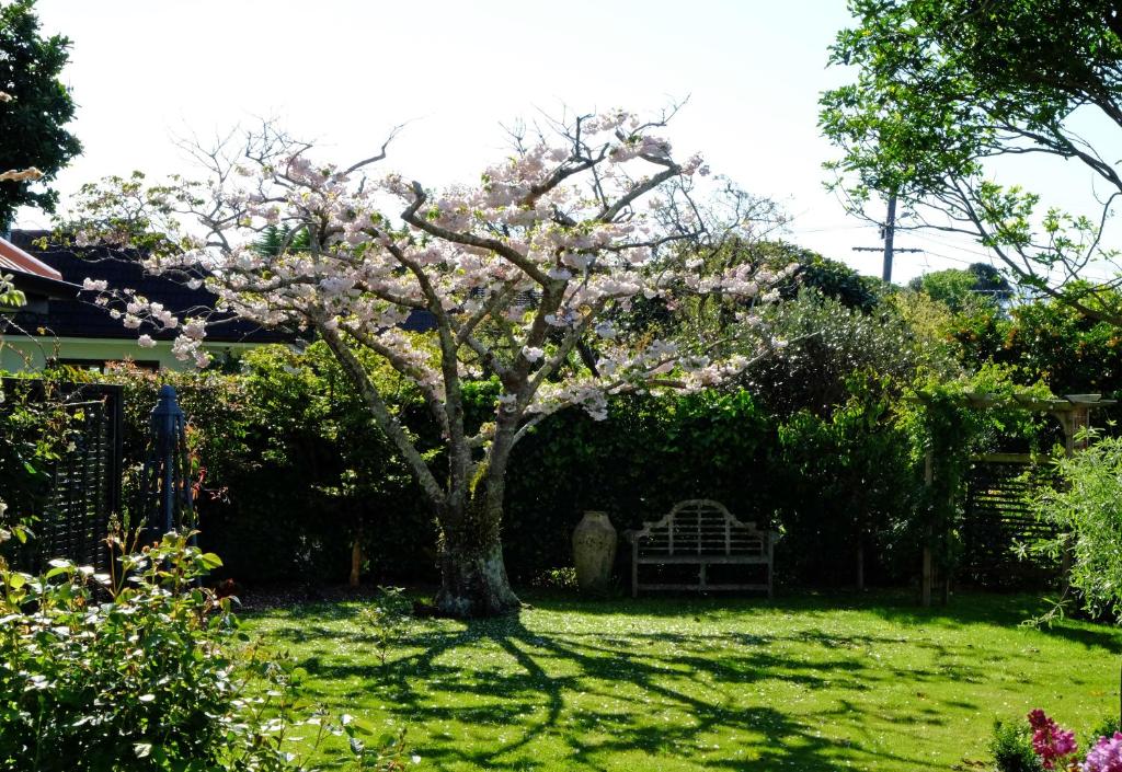 un arbre dans une cour avec des fleurs roses dans l'établissement Garden Retreat, à Otaki