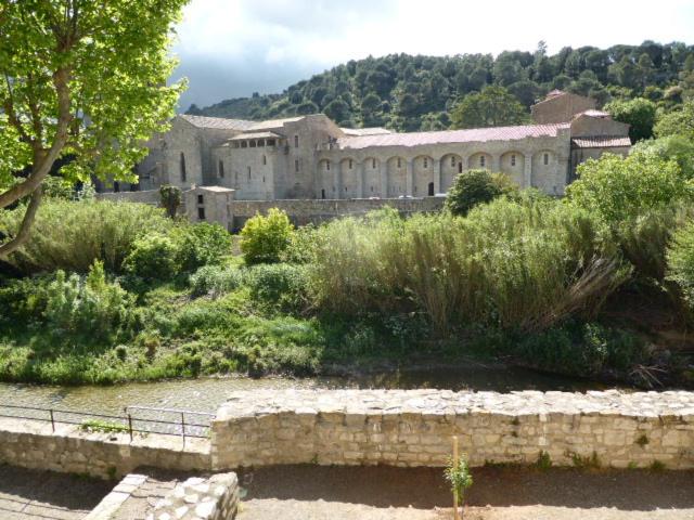 un gran edificio con un jardín delante de él en Maison de caractère face à l abbaye de lagrasse, en Lagrasse