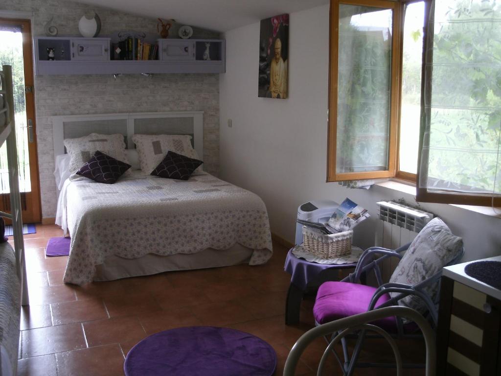 a bedroom with a bed with purple pillows at Chambres d'hotes du Moulin in Saint-Julien-sur-Cher