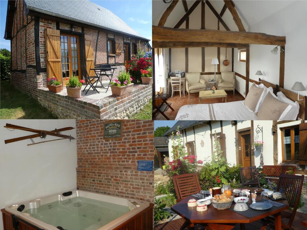 a collage of photos of a house with a hot tub at L'Etape Normande in Montroty