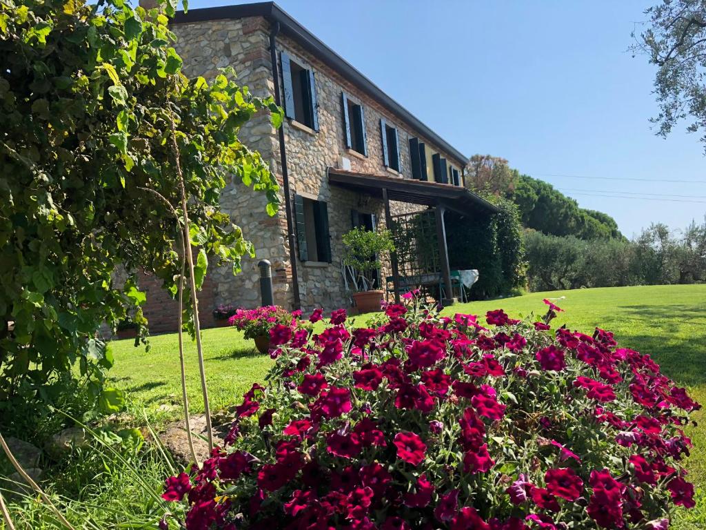 une maison avec des fleurs roses devant elle dans l'établissement Holiday House Petrarca, à Arquà Petrarca
